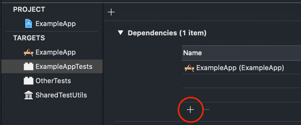 Xcode menu showing the plus button in the dependencies menu