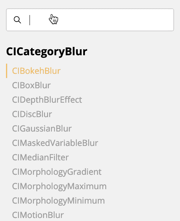 Gif showing CIFilter.io's search bar