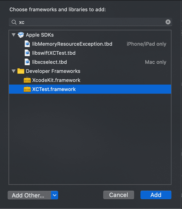 Xcode menu showing the 'XCTest' library being selected for linking