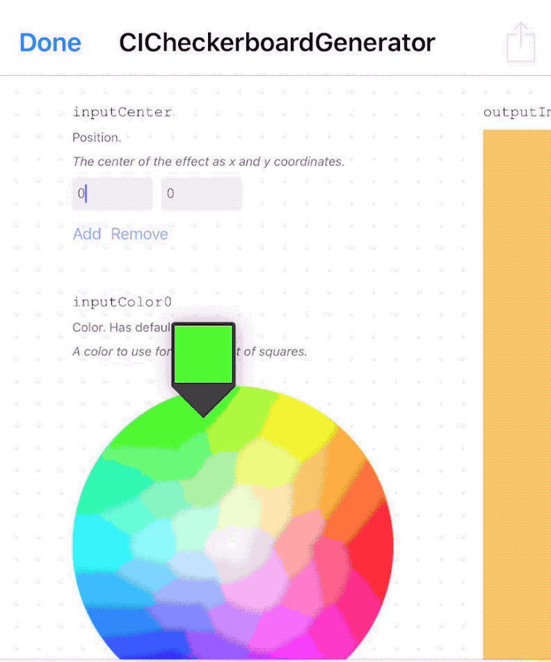 Gif showing CICheckerboardGenerator in the CIFilter.io app