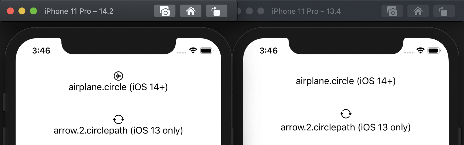 iOS 13 and 14 side-by-side comparison of a sample app showing two symbols, one of which shows only in the iOS 14 app.