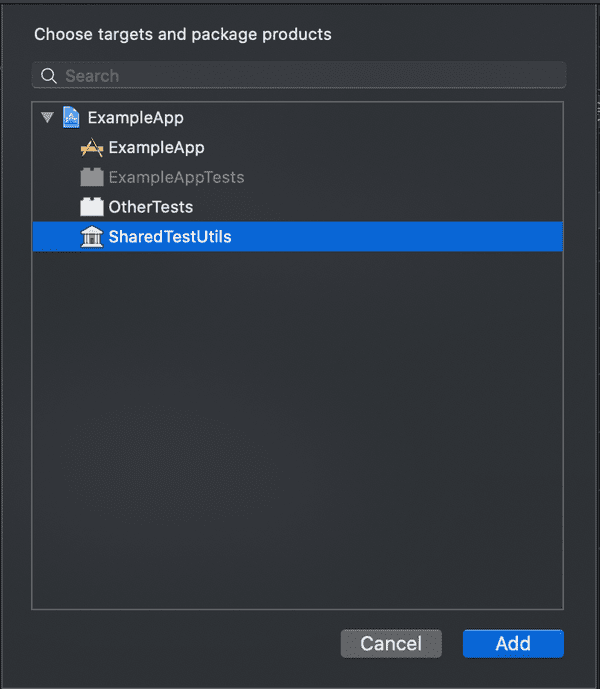 Xcode menu showing the 'SharedTestUtils' library being selected as a dependency