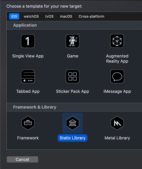 Xcode menu showing the 'Static Library' option selected