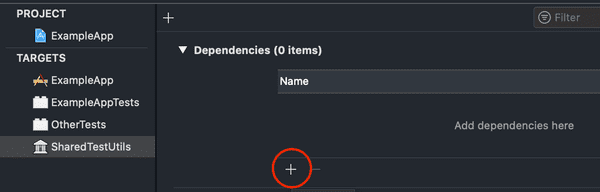 Xcode menu showing the plus button in the dependencies menu for SharedTestUtils