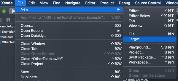 Xcode menu showing the 'New Target' option selected