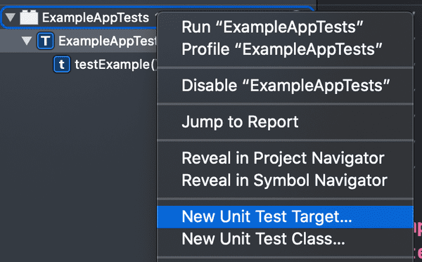 Xcode UI with 'New Unit Test' menu item selected