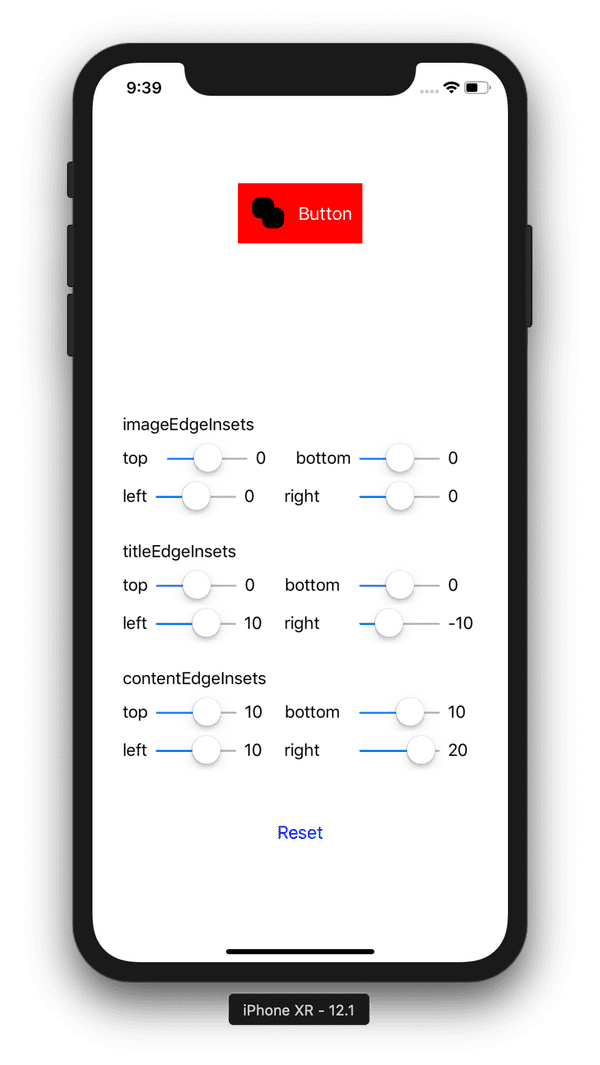 Screenshot of the sample app displaying a UIButton with image-title padding.