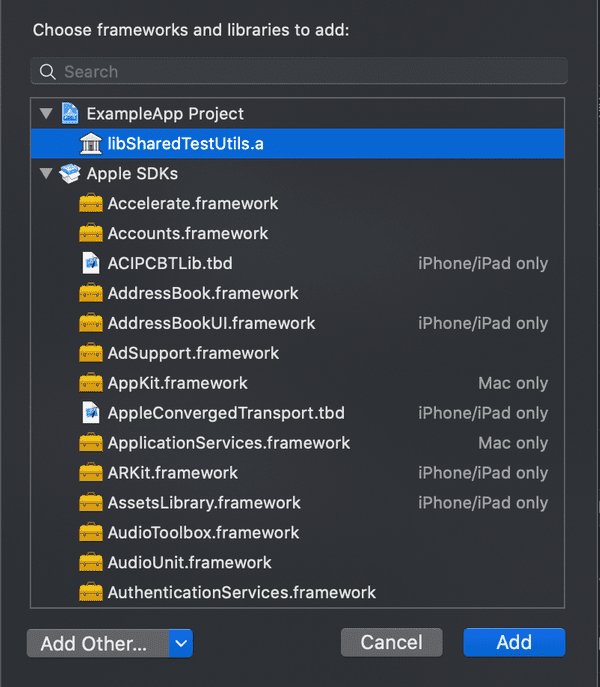 Xcode menu showing the 'libSharedTestUtils.a' library being selected for linking