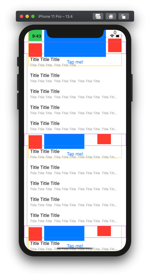 Screenshot of the iOS simulator with the layouts not working - each complicated layout is rendered over the other cells, and the label text doesn't wrap
