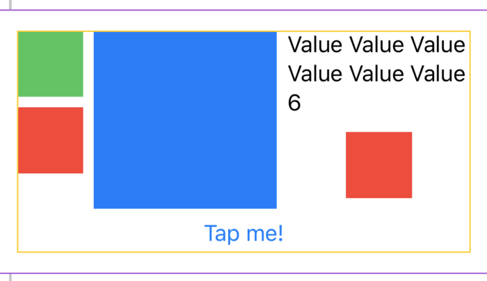 Screenshot of the the complicated cell, with purple and yellow borders, blue, green, and red rectangles, and a button that says 'Tap Me!'