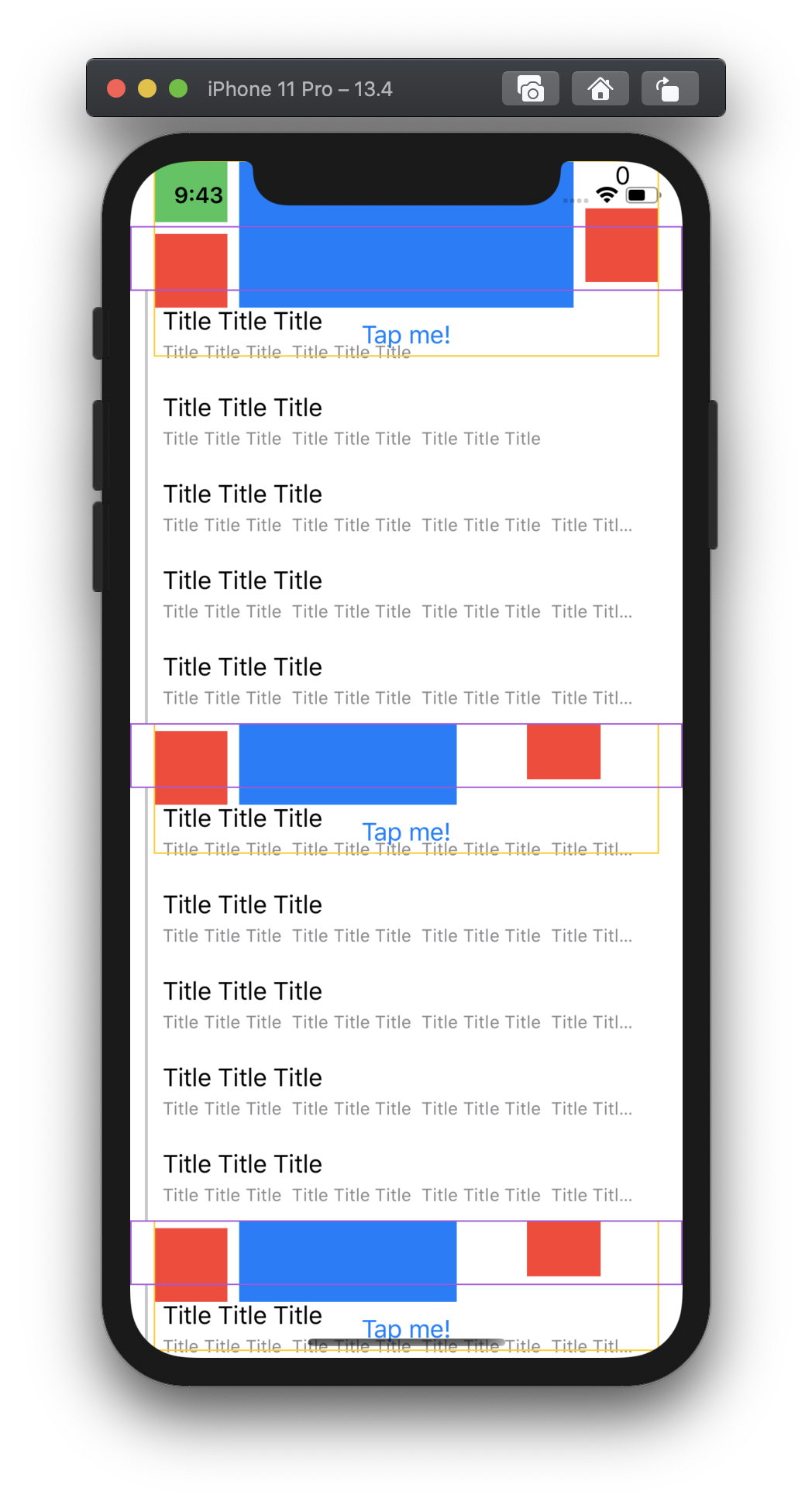 Screenshot of the iOS simulator with the layouts not working - each complicated layout is rendered over the other cells, and the label text doesn't wrap