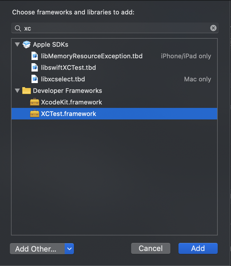 Xcode menu showing the 'XCTest' library being selected for linking