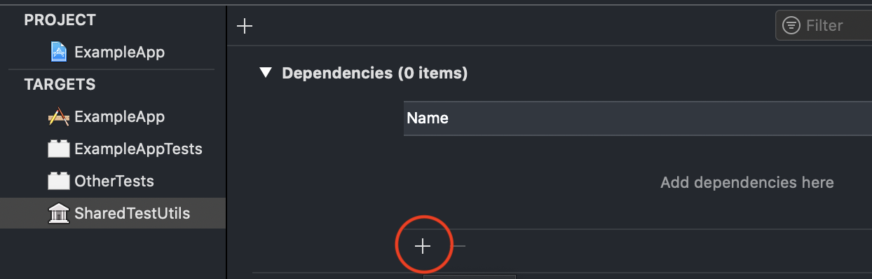 Xcode menu showing the plus button in the dependencies menu for SharedTestUtils