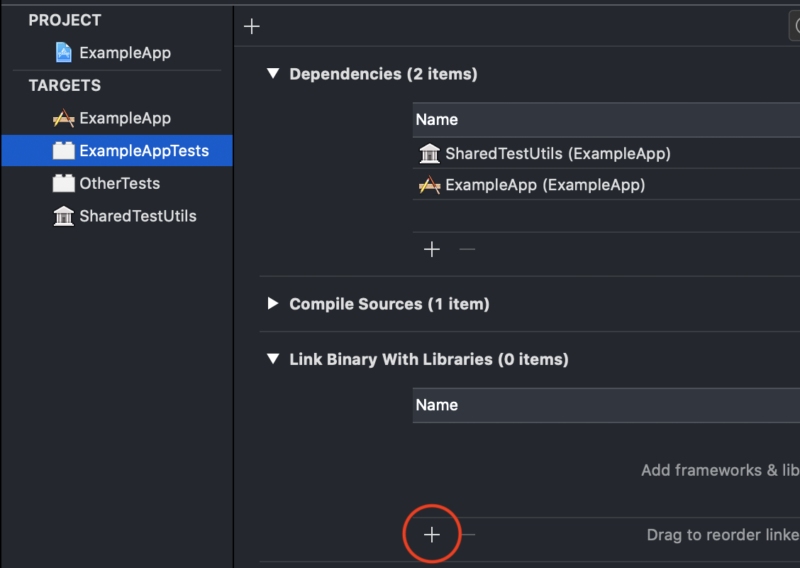 Xcode menu showing the plus button in the linking menu for the test target