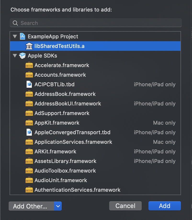 Xcode menu showing the 'libSharedTestUtils.a' library being selected for linking