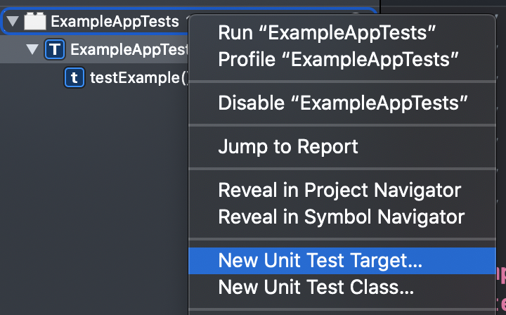 Xcode UI with 'New Unit Test' menu item selected