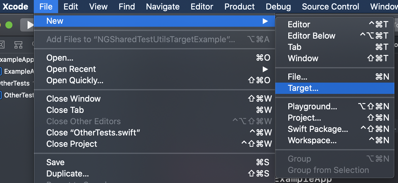 Xcode menu showing the 'New Target' option selected