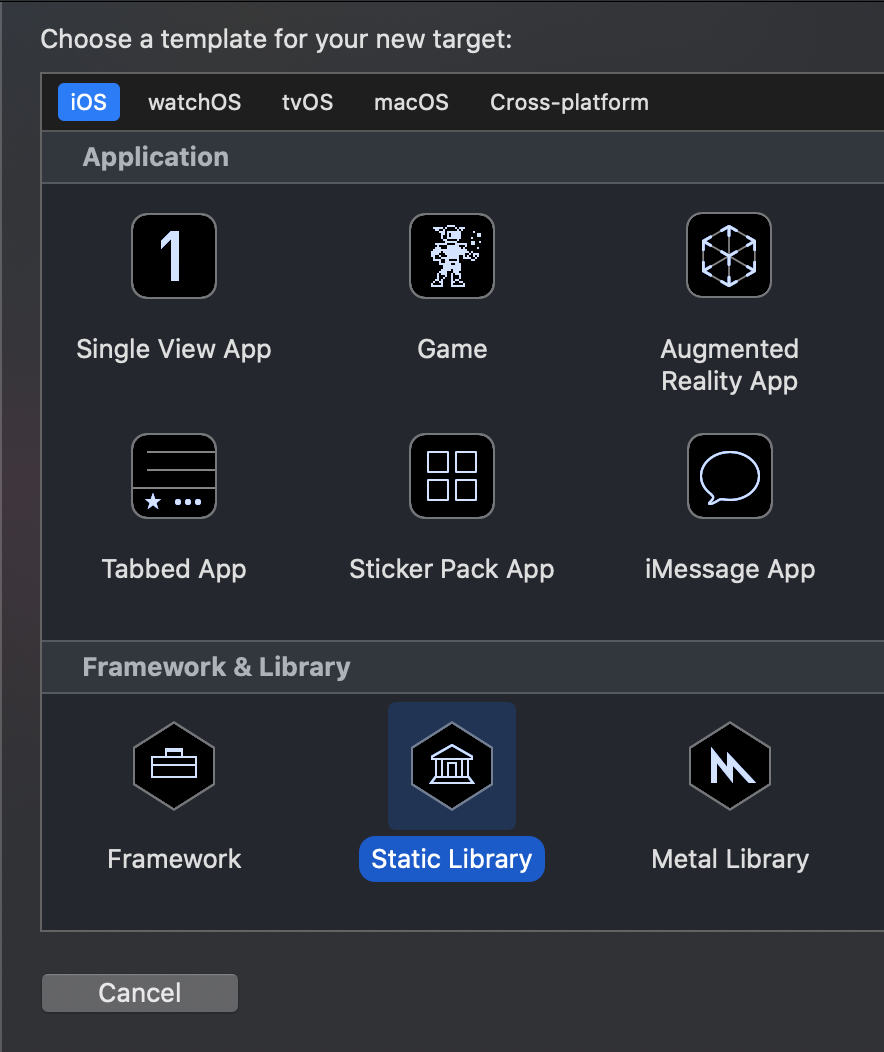 Xcode menu showing the 'Static Library' option selected