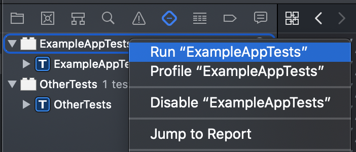 Xcode UI with the 'Run example app tests' menu item selected