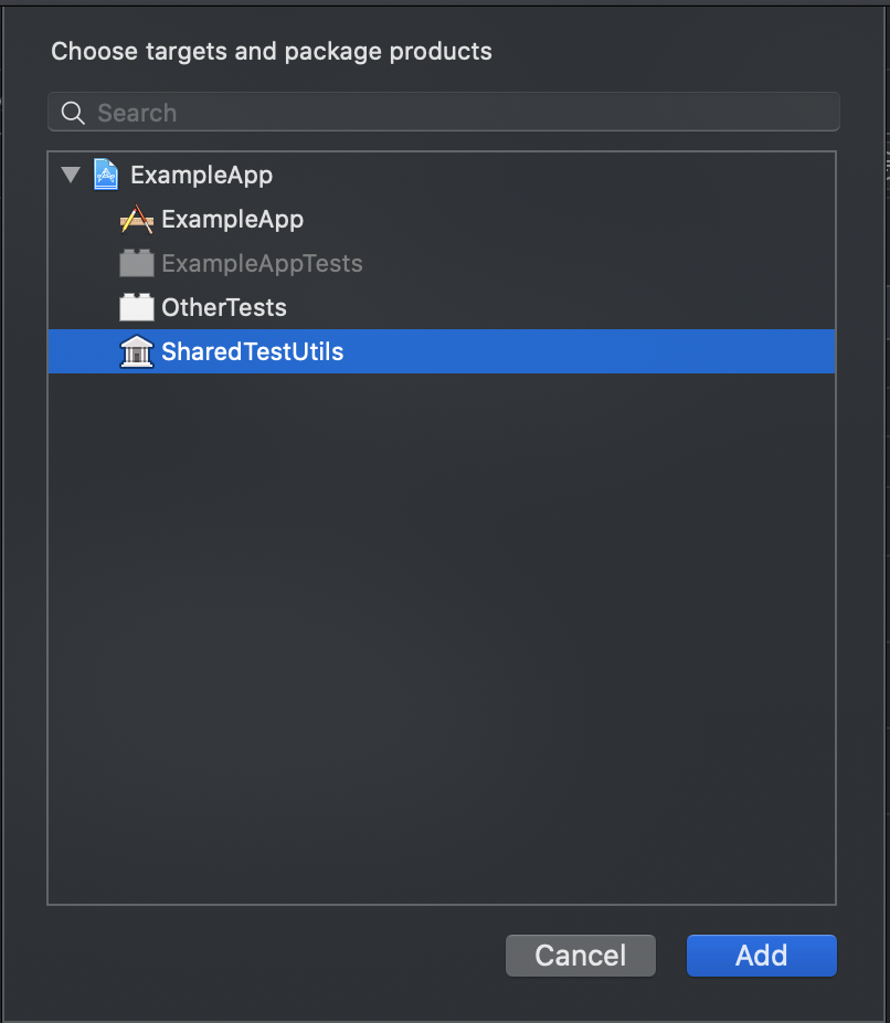 Xcode menu showing the 'SharedTestUtils' library being selected as a dependency