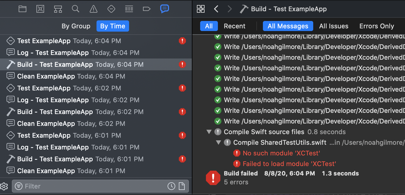 Xcode build output screen showing the failure message