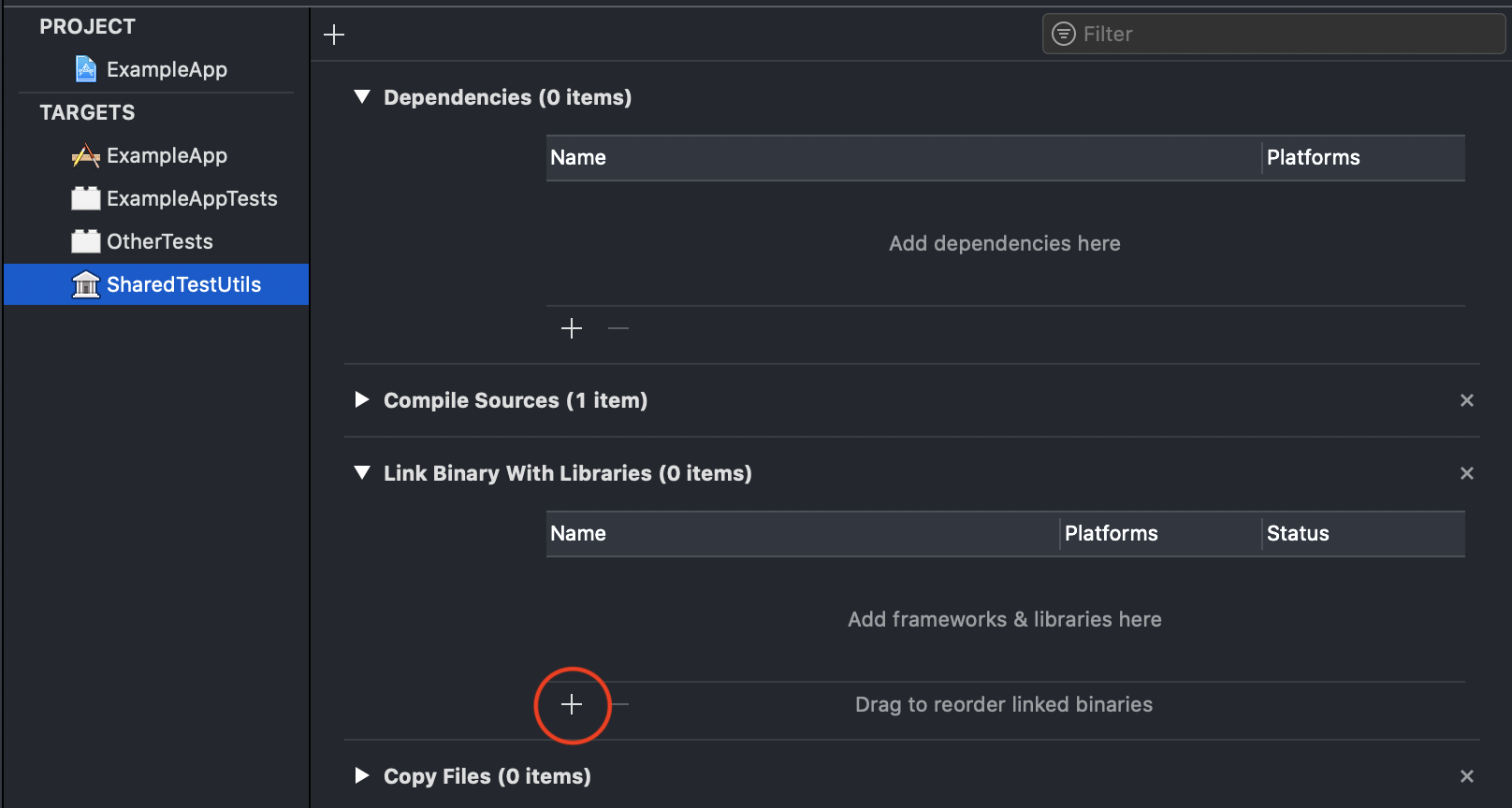 Xcode menu showing the plus button in linking menu